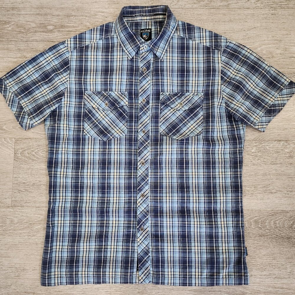 Kuhl Short Sleeve Checked Blue Plaid Shirt Outdoor Hiking Camp Pockets Men's M